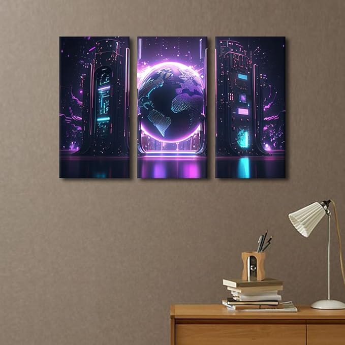 AI Concept Painting for Living Room Decoration, 3 Panels Future Energy Power Technology and Internet Connection Poster Prints on Canvas Wall Art for Living Room Decoration, 36" Wx24 H