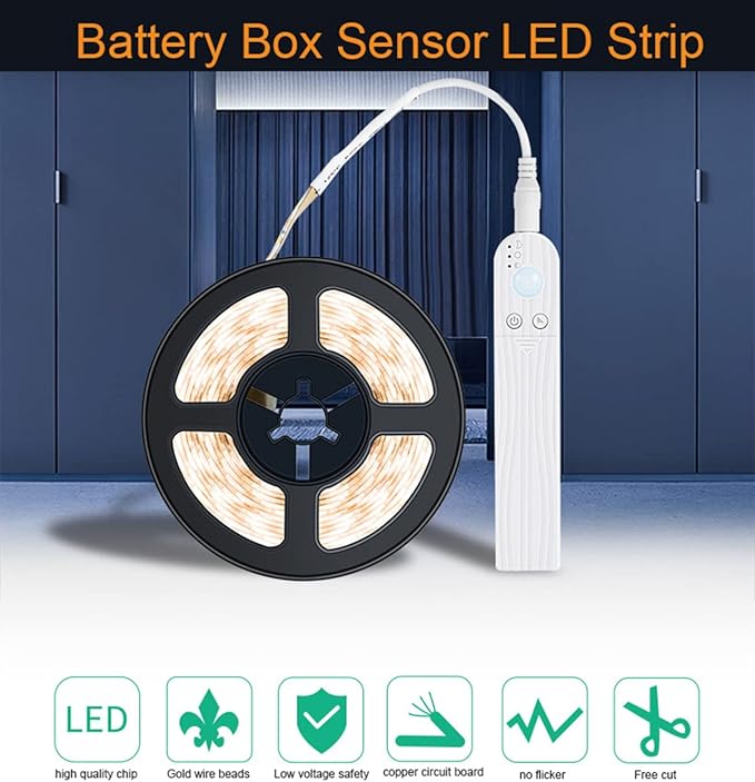 LED Under Cabinet LED Strip Motion Sensor, Battery Powered Bed Stairs Wardrobe Lamp Tape, Waterproof 5V LED Closet Smart Night Strip Light (2M, Warm White)