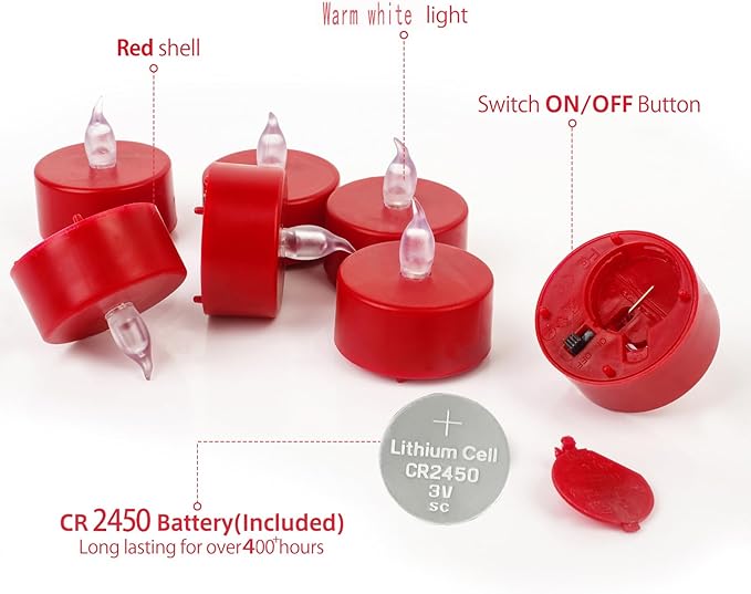 LED Tea Lights with Remote Control: Battery Operated Bulk Realistic and Bright Flickering Long Lasting 400+Hours Flameless Candles for Home Decor Holiday Wedding Party (24Pack, Red)