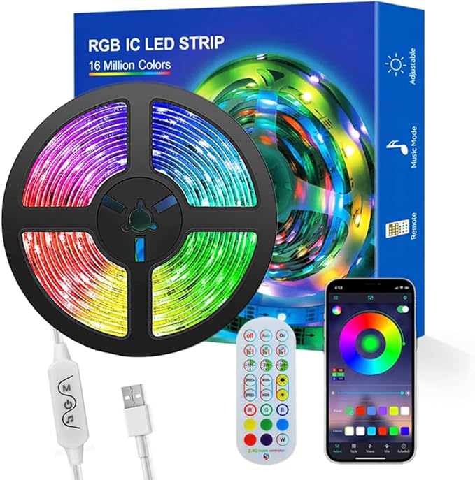 WS2812B LED Strip Individually Addressable 9.8FT 60Pixels/m Smart LED Lights RGB IC Pixel Strip,WS2812b Controller Bluetooth APP Remote Control Music Sync USB 5V for Home Decoration