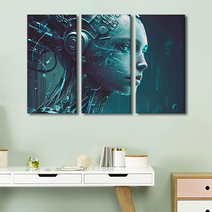 TUMOVO Wall Art for Living Room Artificial Intelligence Pictures Print on Canvas 3 Piece Cutting-Edge Technology Canvas Wall Decoration Giclee Artwork Wooden Framed Ready to Hang, 60" Wx40 H