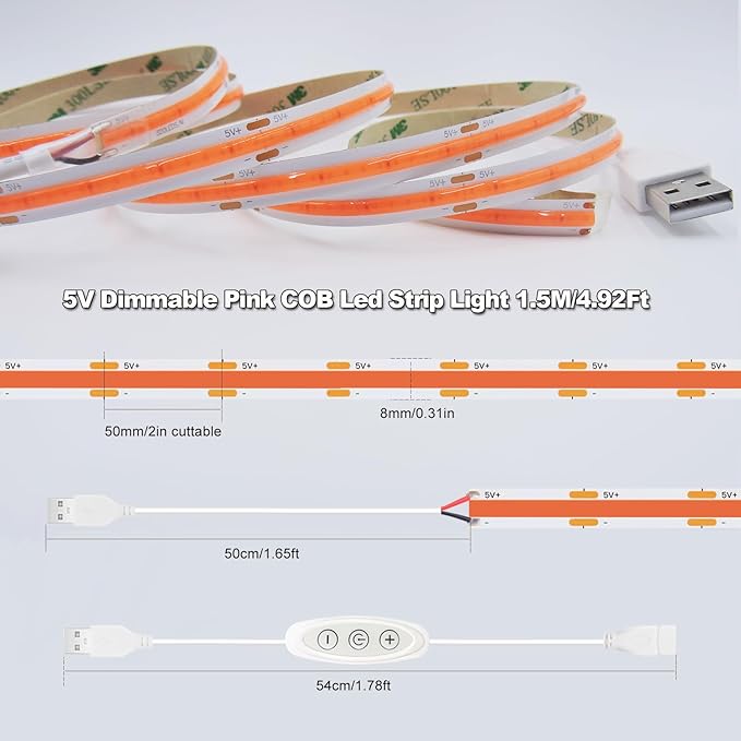 Pink LED Strip Lights USB 5V 4.9ft Small Dimmable COB Light Strip with USB Dimmer Switch for Bedroom/Gaming Setup/DIY Crafts/TV Backlighting/Indoor Ambiance Decor