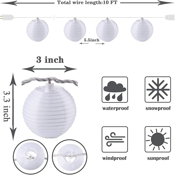 Vigdur Lantern String Lights Waterproof Connectable Nylon Hanging Lantern String Lights Plug in White Decorative Lights for Patio Wedding Party Bedroom Indoor Outdoor Use,9.84FT