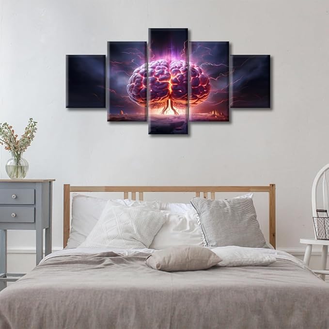 5 Pieces Brain Nervous System Canvas Wall Art for Living Room Human Brain Energy Book Poster Wall Decorations for Bedroom Bathroom Office Prints on Canvas Framed Ready to Hang, (60"Wx32"H)