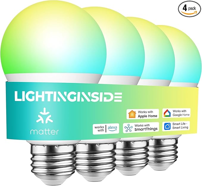 Lightinginside Matter Smart Light Bulbs Compatible with Alexa/Siri/Apple Home/Google Home/SmartThings, WiFi A19 E26 RGBCW Color Changing Light Bulb 800LM 9W 60W Equivalent, 2.4G WiFi, ETL Listed, 4PCS