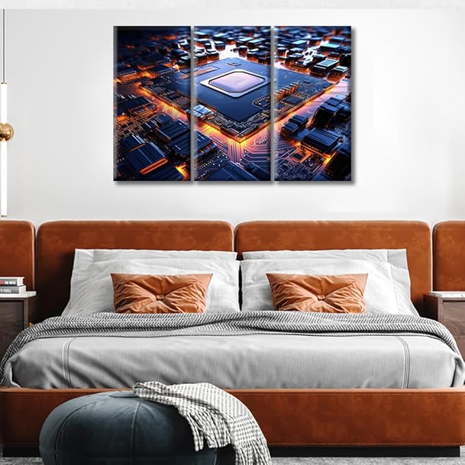Visual Art Decor 3 Pieces Canvas Wall Art Computer Processors CPU Picture Prints Art Work for Home Circuit Board Pictures Modern Wall Art for Bedroom Bathroom Office Framed Ready to Hang (36"Wx24"H)