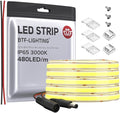 BTF-LIGHTING FCOB COB LED Strip IP65 480LED/m Flexible High Density Uniform Light 9W/m 16.4FT DC12V Warm White 3000K CRI 90+ 8mm Width for Home Indoor Decor(No Adapter or Controller)