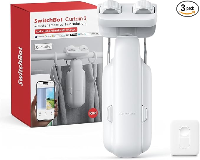 SwitchBot 2025 Automatic Curtain Opener 3 Rod- with Remote, WiFi&Smartphone Control, Upgraded High-Performance, Add Hub to Compatible with Alexa, Google Home, HomeKit (2025 Curtain Opener)