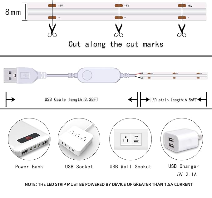 LED Strip Lights RGB COB 6.56 FT 1152 LEDs 5V USB Color Changing Short Strip Light,Multi Color TV Backlight with Remote/Button Control/Smart app for DIY Home Decor (6.56FT/2M)