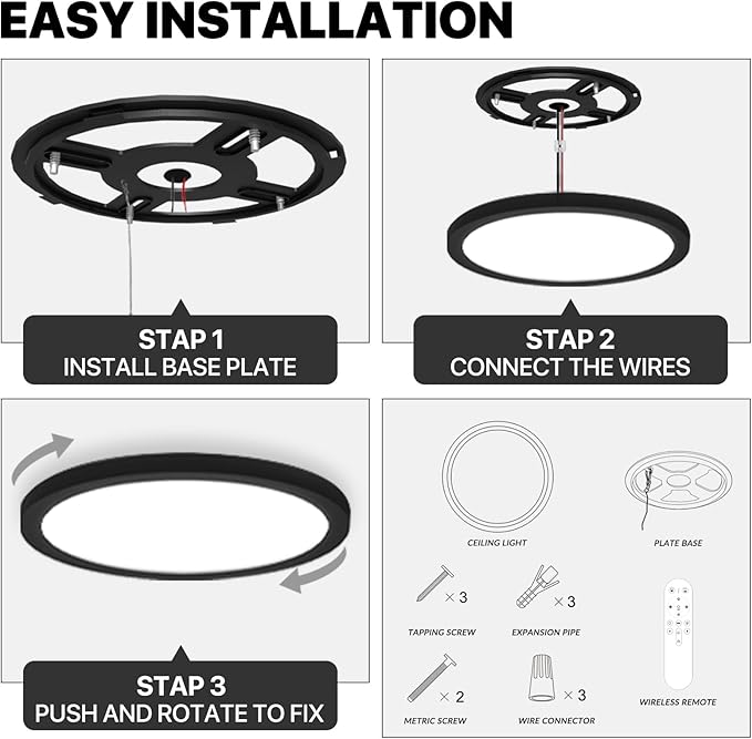 4Pack Dimmable LED Flush Mount Ceiling Light Fixture with Remote Control, 24W 2400LM, 12Inch, 2000K Warm Night Light & 3000K-6500K, Modern Super Slim Ceiling Lamp for Bedroom Kitchen, Black