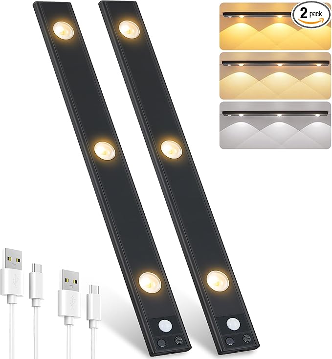 Pak Under Cabinet Lights, Rechargeable Motion Sensor Light Indoor, Wireless and 3-Color Dimmable with Cat’s Eye Hill Effect, for Display Cabinets, Showcases, Wine Racks, 2 Pack, Black