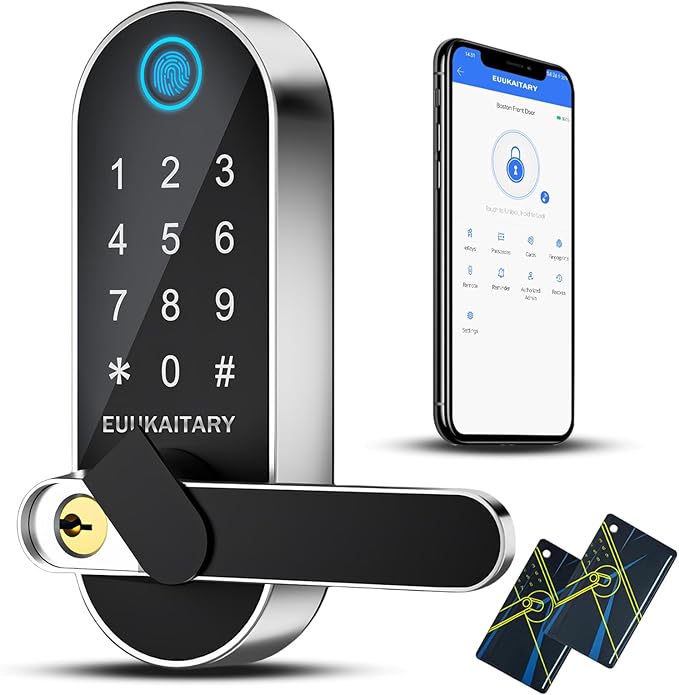 Keyless Entry Door Lock, Fingerprint Door Lock with Handle, Smart Locks for Front Door and Bedroom, WiFi Electronic Locks, App Remote Control, Digital Keypad with Knob, Auto-Lock