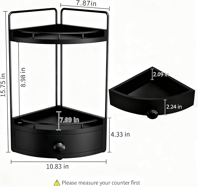 2-Tier Corner Bathroom Countertop Organizer with Drawer, Wooden Vanity Organizers for Makeup and Skincare Storage, Corner Counter Shelf with Embedded Screw Holes, Black