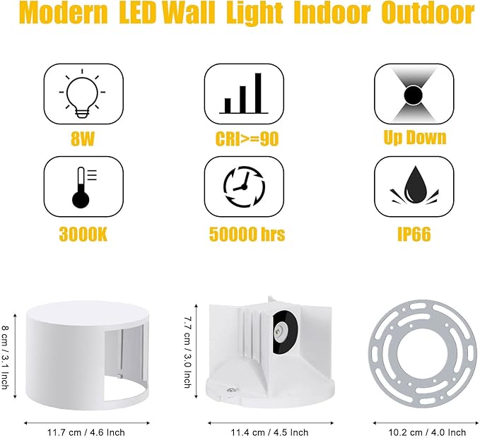 Kawell 8W Modern LED Wall Sconce Light Up Down Waterproof Outdoor Wall Lamp Indoor Hardwired for Bedroom Bathroom Hallway Stairs Porch, White 3000K