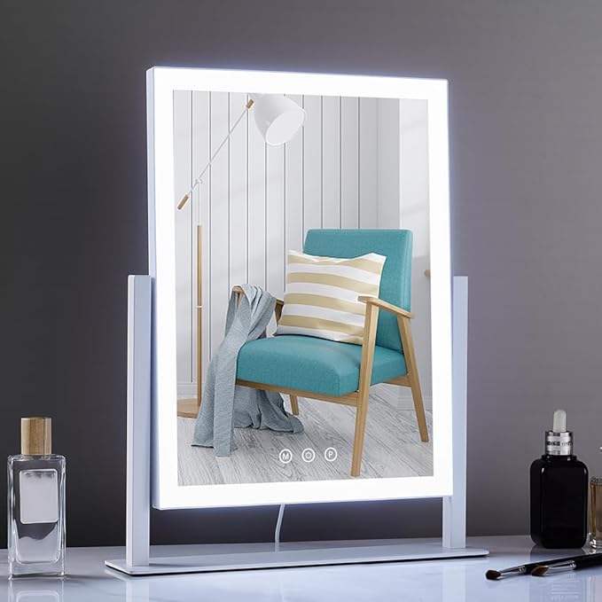 HIEEY Lighted Makeup Mirror, 17.3" x 13" Hollywood Vanity Mirror with Lights, Three Color Lighting Modes, and 5X Magnification Mirror, Smart Touch Control, 360°Rotation (White,Gift Box)