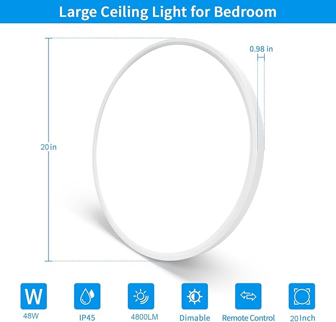20 Inch Large LED Flush Mount Ceiling Light Fixtures - 48W Dimmable Kitchen Ceiling Light with Remote, 4800lm, 3000K/4500K/6000K Adjustable LED Ceiling Lamp for Bedroom, White