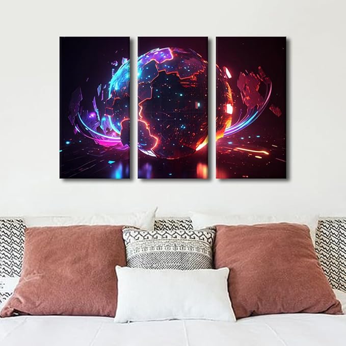 3 Panel Wall Decor Neon Colorful Global World in Cyber Space Pictures Posters, Digital World Wall Art for Living Room Bedroom Decoration, Framed Gallery-Wrapped Ready to Hang, 42" Wx28 H