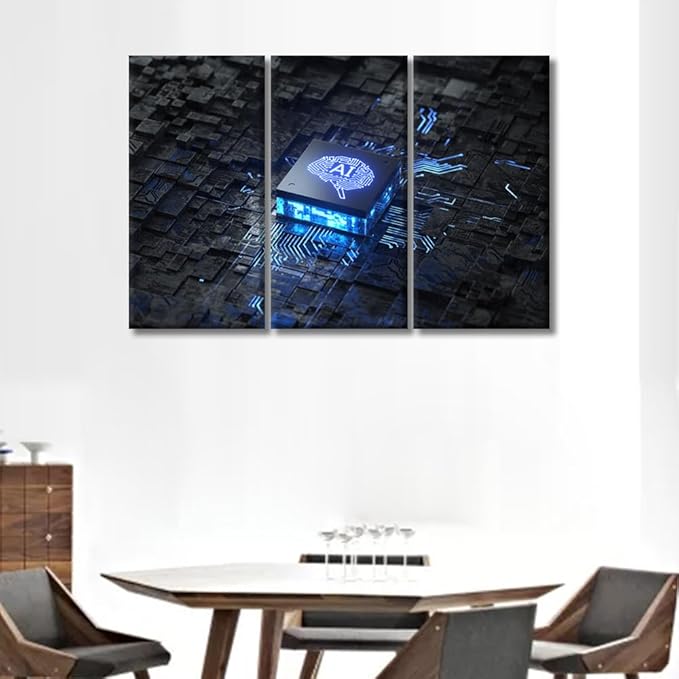 LSIUHWUWI AI Artificial Intelligence Concept Wall Art 3 Panel Modern Canvas Print Art for Living Room Bedroom Decoration,Artwork for Home Wall Decoration Framed Ready to Hang, 20x40inchx3