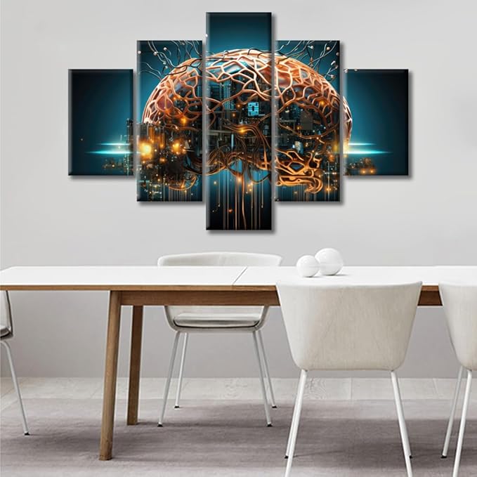 5 Panel Wall Art Robot Brain Painting Print On Canvas Brain Nervous System Pictures for Bedroom Home Decor Smart Brain Modern Artwork Paintings Frame Ready to Hang, (60"Wx40"H)