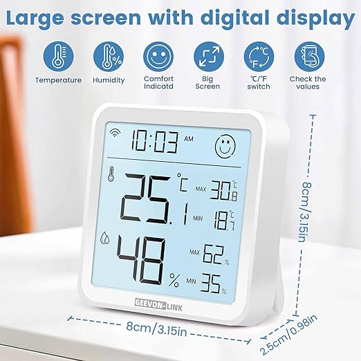 2Pack Indoor Hygrometer Thermometer, Bluetooth WiFi Humidity Temperature Gauge with Large LCD Display, Notification Alert with Max Min Records, Data Storage Export for Room Greenhouse