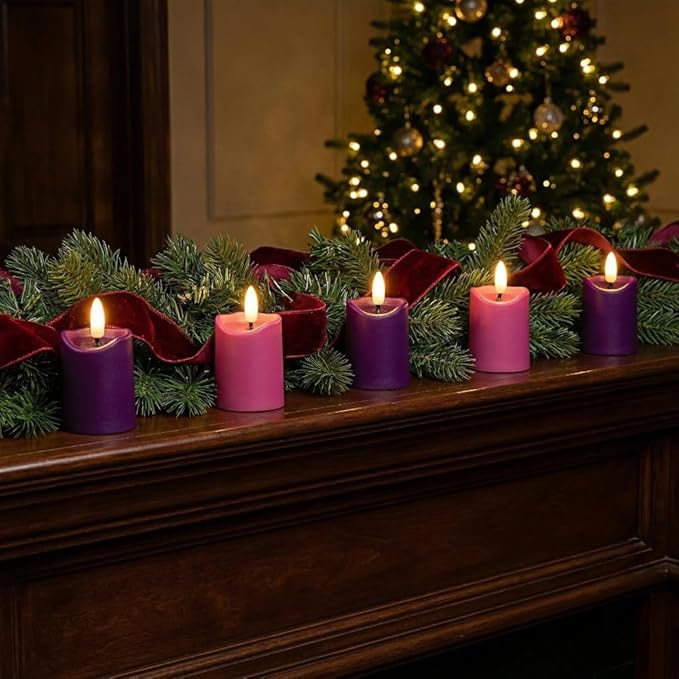 Simplelight Advent Candles, Purple & Pink Flameless Votive Candles with Timer, Advent Wreath with Flameless Candles, Realistic Black Wick, Set of 6-Battery Included (Purple Pink)