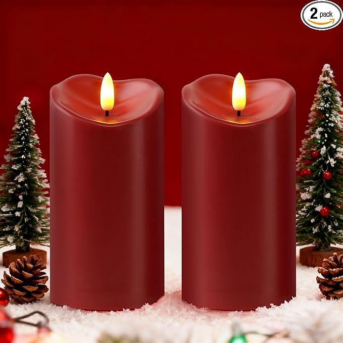 Raycare 6"x3" Outdoor Waterproof Flameless Candles with Remote and Timer, Battery Operated LED Electric Fake Pillar Candle for Valentine's Day, Home, Wedding Decor, Red, Set of 2