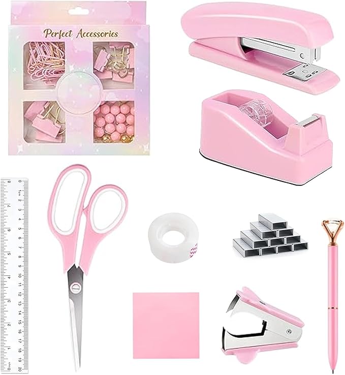 suniya Office Supplies,Desk Accessories,Tape Holder,Stapler,Scissor,Staple Remover,Box of Binder Clips,Staples,Ballpoint Pen,Sticky Notes,Clear Tape,Ruler,Office Supplies Set Pink