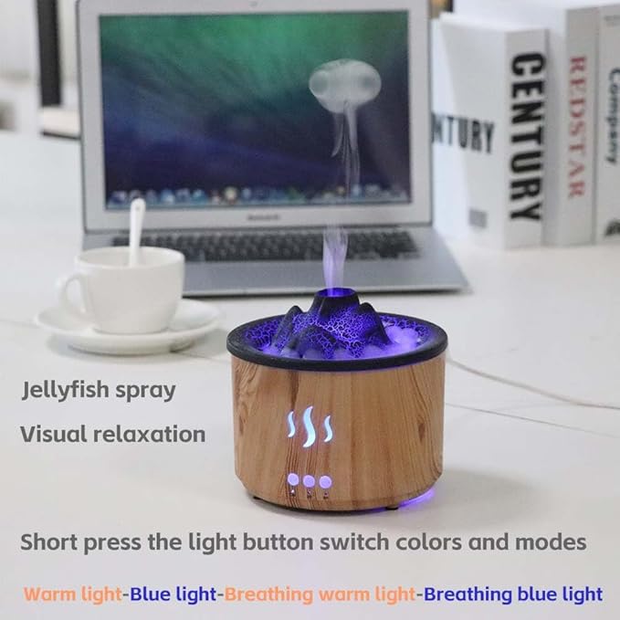 Volcano Essential Oil Diffuser with Jellyfish Mist - 260ml Ultrasonic Aromatherapy Diffuser, Color-Changing LED, Quiet Operation, Auto Shut-Off - Wood Grain Humidifier & Night Light