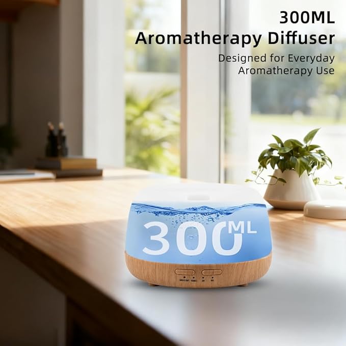 300ML Essential Oil Diffuser with Remote Control,Quiet Ultrasonic Cool Mist Aromatherapy Diffuser,7 Color LED Light,4 Timer Modes & Auto Shut-Off for Bedroom,Office, Yoga & Spa
