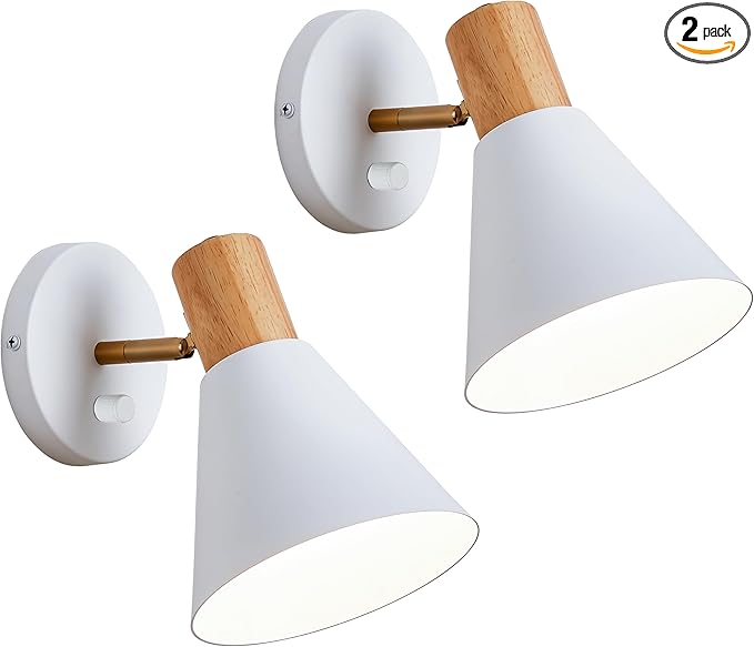 ClanKin Wall Sconces Lighting Set of 2 for Bedroom, White Adjustable Wood Style Wall Sconce Reading Lamp, Wall Light for Bedroom Hallway Living Room (White-Hardwired, 2)