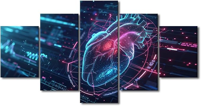 5 Panel Artificial Intelligence Heart Paintings Canvas Wall Art Framed Bedroom Art Wall Decor Human Heart Pictures for Living Room Wall Decoration Posters with Frame Ready to Hang 60" Wx32 H