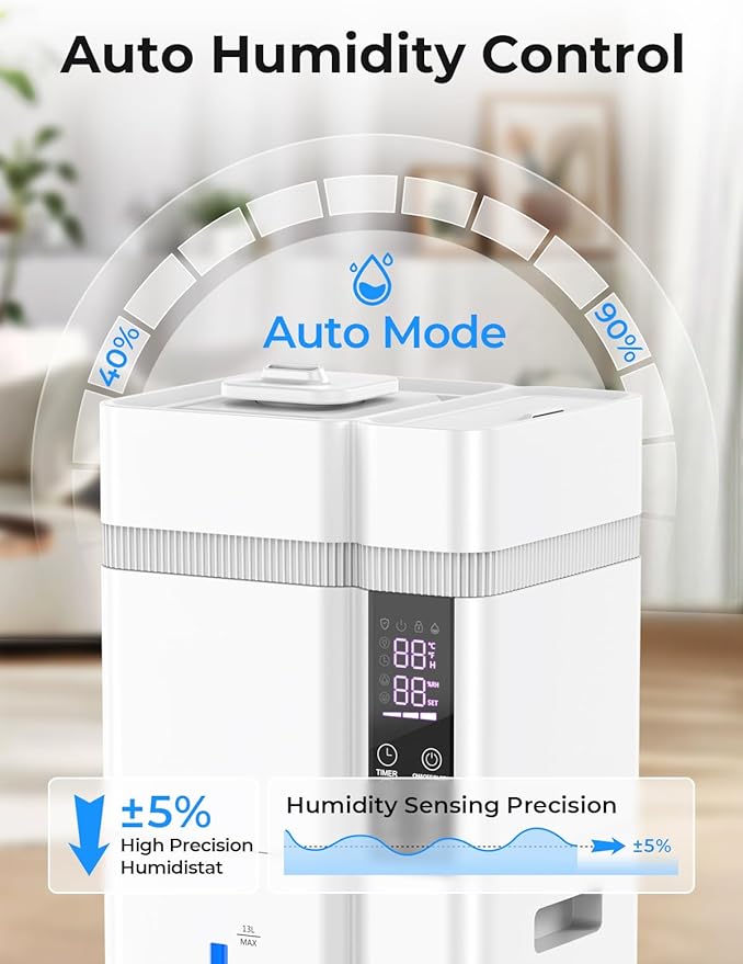 13L/3.43Gal Humidifier Large Room, 800ft² Coverage, 100H Runtime, Auto Humidity Control, Top Fill, Humidifiers for Bedroom, 35dB Quiet, Sleep Mode, Aroma Diffuser, 24H Timer, Auto Shut-off Protection