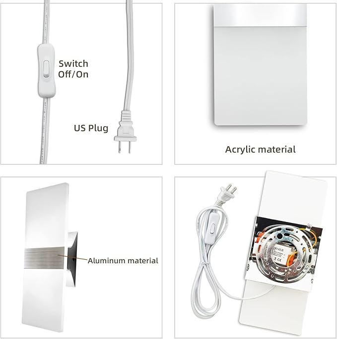 KICAAO Wall Sconces, Modern Wall Sconce Plug in 10W 6000K Cool White Acrylic Wall Lights with 6FT/180cm Plug in Cord and On/Off Switch on The Cord (1 Pack)