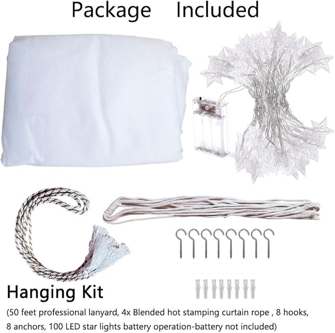 Comtelek 8 Corner Bed Canopy with 100 LED Star String Lights Battery Operated, White Bed Netting Unique Style 4 Door Square Canopy Bed Curtains Canopy - Suggested for Twin Full Queen King Bed
