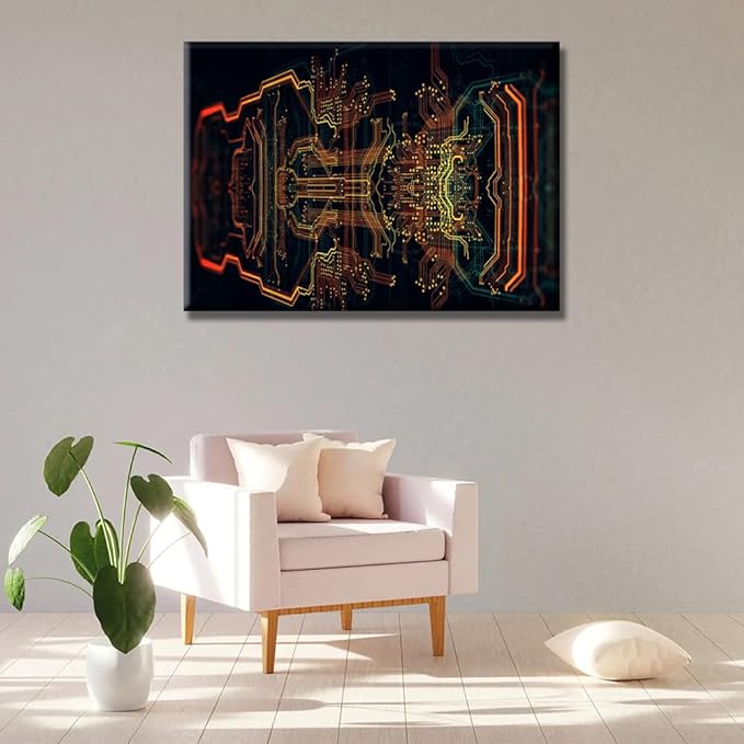 Computer Chip Canvas Wall Art Circuit Board Wall Painting Pictures for Living Room CPU Concept Modern Wall Art Framed House Decoration for Bedroom Bathroom Office Ready to Hang 20X28 INCH