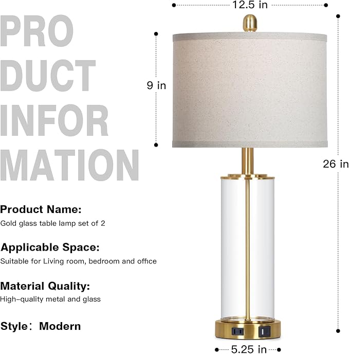 26" Glass Table Lamp Single, 3-Way Dimmable Touch Control Living Room Lamp with USB C+A Ports & AC Outlet, Modern Bedside Lamps, Bedroom Lamps for Nightstand Side End Table Desk, Gold-1PK