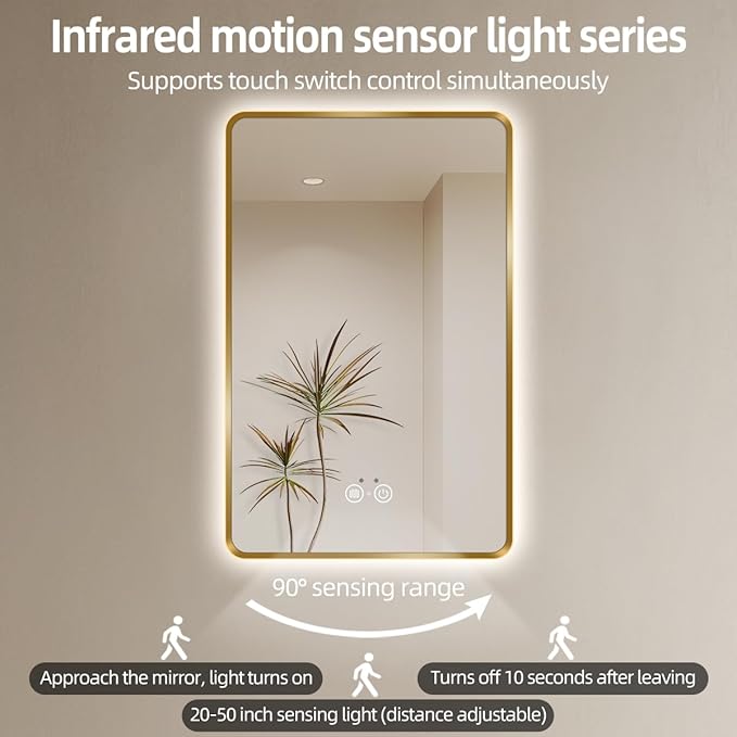 Gold LED Bathroom Mirror, 36"x28" Smart Mirror with Infrared Motion Sensor Lights, Anti Fog, Stepless Dimmable & Color Temperature Adjustment, Wall Mounted Vanity Mirror Backlit, CRI≥93