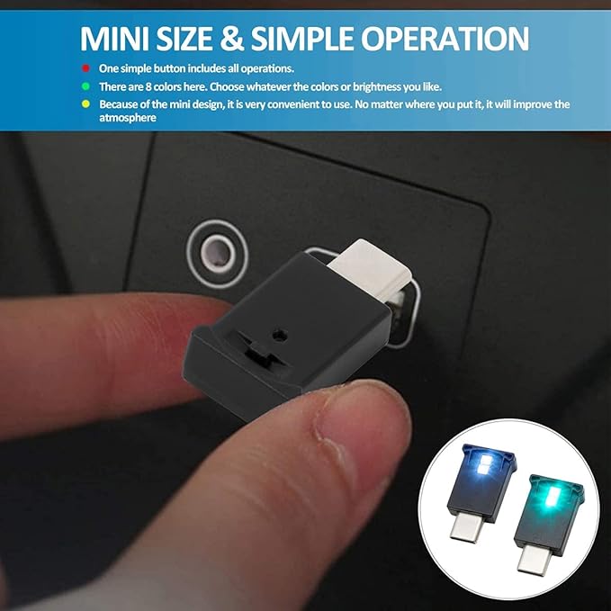 AOZITA Mini USB Type C LED RGB Light Brightness Adjustable 8 Color Changeable for Car, Laptop, Keyboard. Atmosphere Smart Type-C Night Lamp for Home Decoration (Quantity: 4)