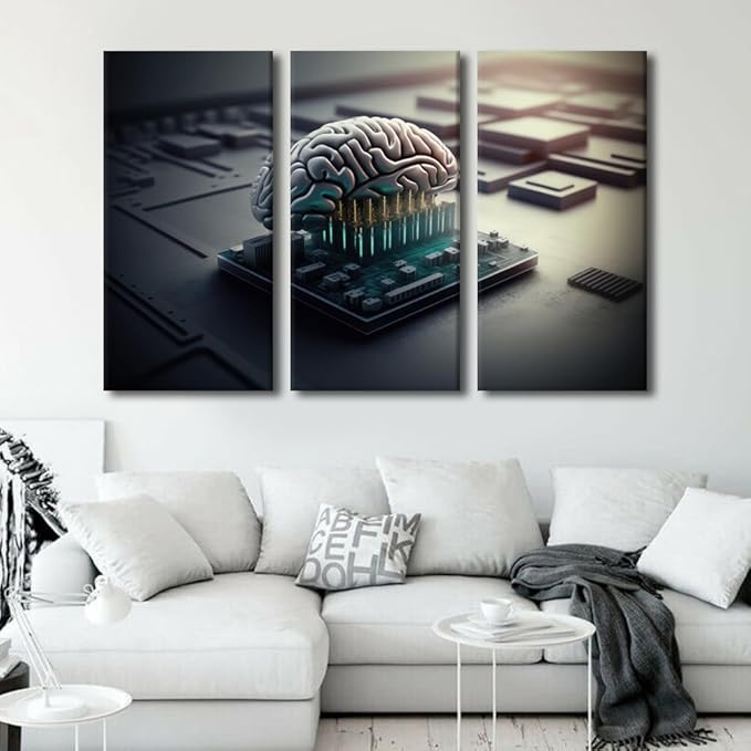 TUMOVO Large Canvas Wall Art Human Cyborg Brain Picture AI Wall Art for Home Wall Decoration Modern Artwork Brains and Computer Chips Posters for Bedroom Office Decoration, 60" Wx40 H