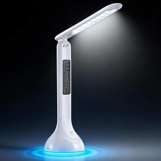 Smart Bedside Lamp with Transparent Display, RGB Dimmable Desk Light, 180° Foldable, Built-in Battery, Multi-Function with Clock/Date/Temperature Alarm,T19 White.