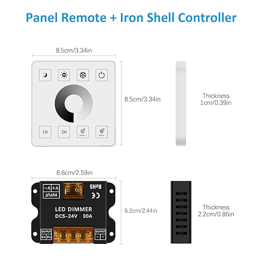 RGBZONE LED Light Strip Dimmer, RF Wireless Remote Control, Dimmable Wall Dimmer, Suitable for Single Color LED Strips, DC5V/12V/24V 30A Single Channel Dimming Controller