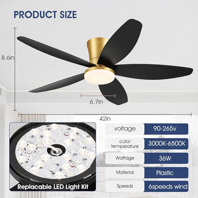 42" Ceiling Fans with Lights-Low Profile Ceiling Fan with Light and Remote/APP Control,Flush Mount Gold Ceiling Fan with Reversible Black Blades