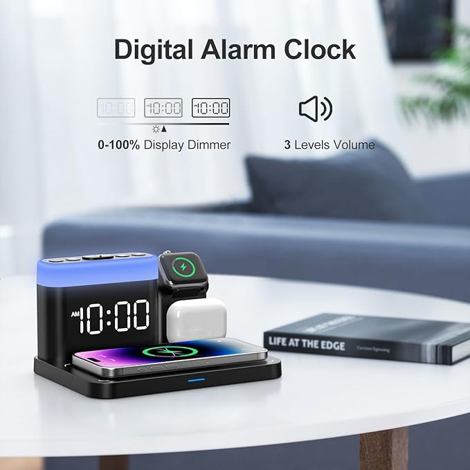 ANJANK Wireless Charging Station,5 in 1 Multiple Charger Stand with Alarm Clock,7 Night Light,Mag-Safe Charging Dock for iPhone 17 16 15 14 13 12 Pro Max Plus,Apple Watch 11/10/9/8,for Airpods,Bedroom