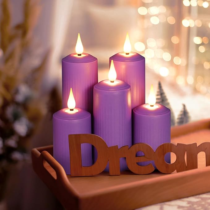 yunsheng Rechargeable Flameless Candles with Remote Timer, in/Outdoor Waterproof LED Flickering Pillar Candles Set of 6 (D2 x H4/5.5/6.5"), Battery Operated Purple Plastic Roman Column Candles