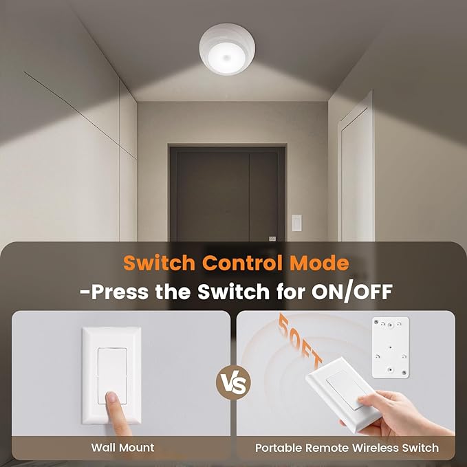 SURAIELEC Battery Ceiling Light with Wall Switch, Motion Sensor Light Indoor, Wireless Wall Switch Remote, 6500K, 300LM, Battery Powered Ceiling Light for Closet, Pantry, Laundry, and Shed, 1-Pack