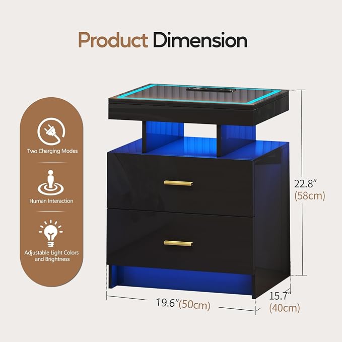 LED Nightstand Set 2 with Wireless Charging Station,Black Night Stand with 2 Drawers,Glass Top Smart Bedside Table,Modern End Table Side for Bedroom,Living Room,Office
