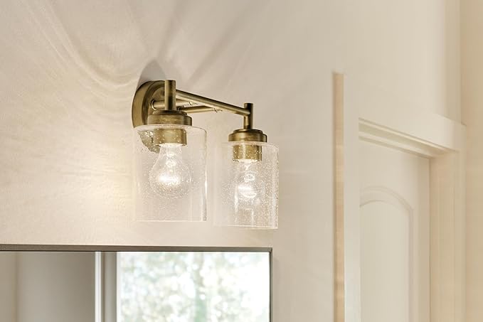 Kichler Winslow 13" 2-Light Vanity Light with Clear Seeded Glass in Natural Brass for Bathroom Vanity, Luxe Industrial, (13" x 9.25"), 45885NBR
