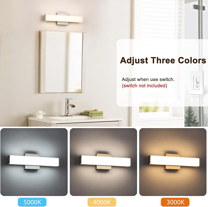Brushed Nickel LED Vanity Lights for Bathroom 15.7inch Modern Bath Light Fixture Over Mirror 3 Color Temperature Adjustable 18W Anti-Fog Lighting for Bathroom, Dressing Table, Dressing Room