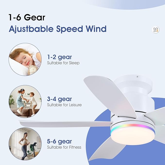 41 Inch White Flush Mount Ceiling Fans with RGB Lights, 5 Reversible Blades, 6-Speed 2H Timer, RGB & 3 CCT Dimmable, Remote & APP Control for Bedroom Living Room