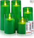 Raycare St. Patrick's Day Flameless Candles Battery Operated with Remote Timer, Acrylic Flickering LED Pillar Candle for Christmas Decoration, Home Decor, Gift for Family and Friend, Green, Set of 5